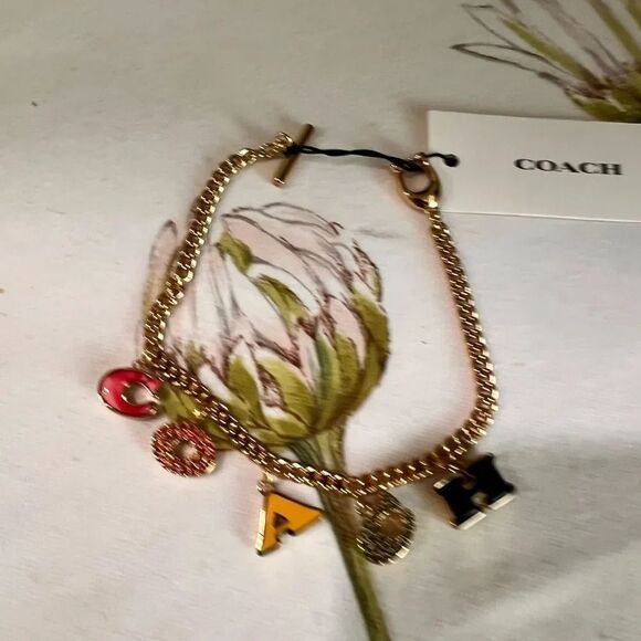 NWT COACH PavĂ© CrystalâEnamel Logo Charm Signature Letters Bracelet Gold #TSBR - Picture 4 of 8